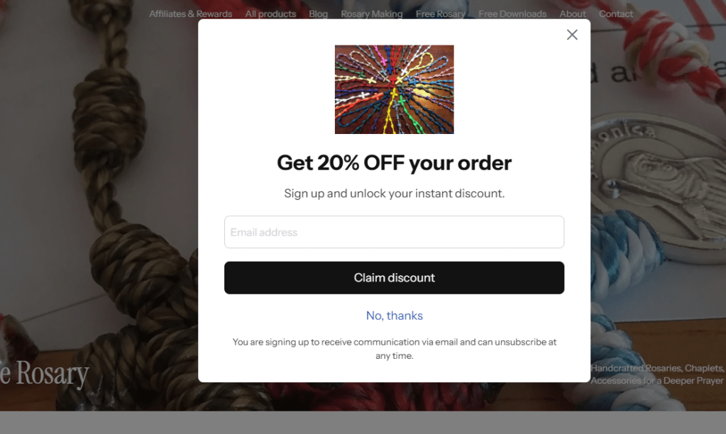 Image showing a sample pop-up discount form